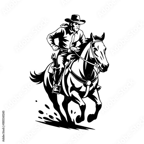 Bold Black Retro Inspired Western Illustration of Full Cowboy in Action Riding a Galloping Horse Vector