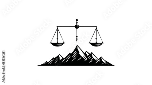 A minimalist black-and-white graphic depicting scales of justice atop mountain silhouettes