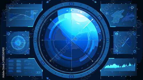 Futuristic radar system interface with glowing blue screens and complex data displays