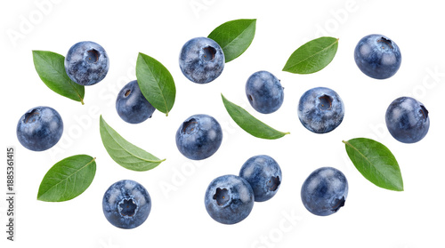a scattered arrangement of fresh, ripe blueberries with green leaves against a transparent background, symbolizing healthy eating and antioxidant benefits.