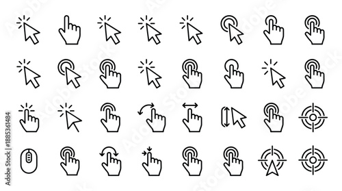 Collection of various hand and cursor icons in a simple line style for digital design projects online