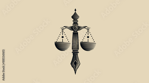 A black and white illustration of scales of justice fused with a fountain pen on a beige background