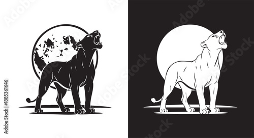 Two contrasting illustrations of a roaring panther or black leopard standing in front of a full moon, one in black on white and the other in white on black.