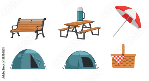 Outdoor recreation set including picnic table beach umbrella tents and camping accessories