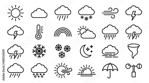 Weather forecast icons set including sun, clouds, rain, snow, and temperature symbols in simple line style