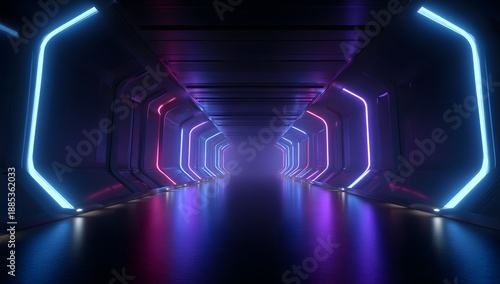 Futuristic neon tunnel with blue and pink glowing geometric lines and reflective floor creating sense of depth and motion abstract background