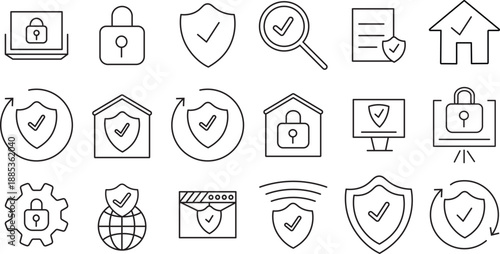 Cyber security line icon set. Modern data protection and privacy symbols.Vector online safety and shield signs, Network safety and firewall icons. Vector digital security interface elements
