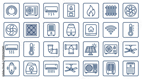 Collection of various home automation and smart home system icons in blue line style on white background