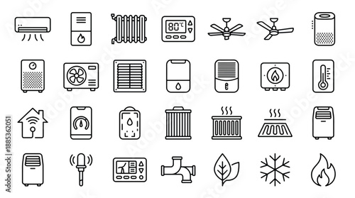 Heating and cooling system icons, symbols, and signs for temperature control and HVAC systems