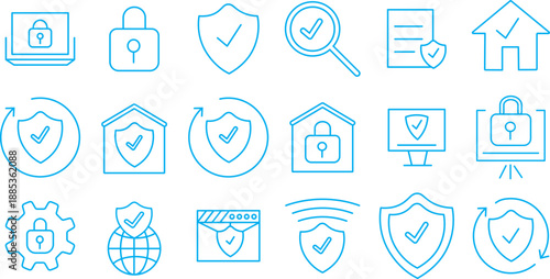 Cyber security line icon set. Modern data protection and privacy symbols.Vector online safety and shield signs, Network safety and firewall icons. Vector digital security interface elements
