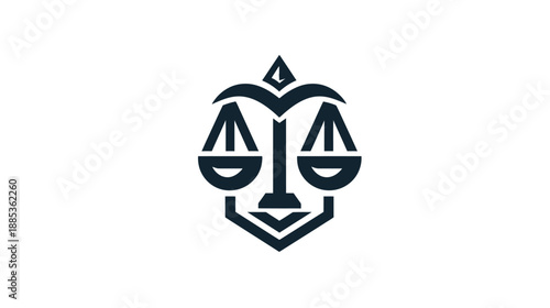 A stylized vector illustration of scales of justice with a geometric, angular, and modern design