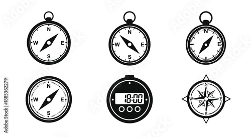 Collection of navigational instruments including compasses and a digital clock