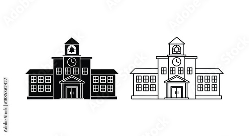 Two black and white illustrations of classic school buildings with clock towers