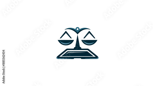 Stylized, dark blue scales of justice logo against a white background, minimal design