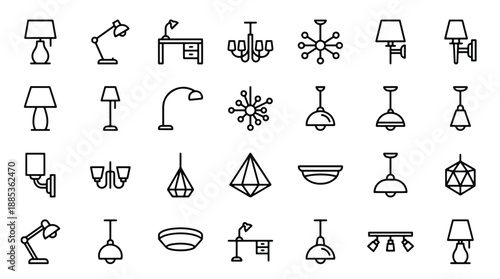 Collection of various lamp and lighting fixtures in simple line art style on white background