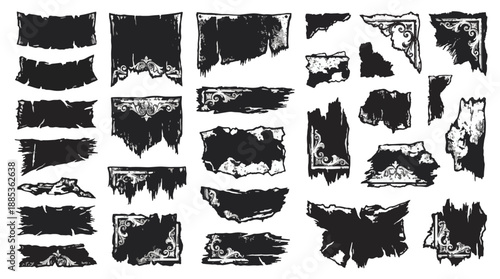 Collection of black torn paper edges and ripped fragments on white background for design elements
