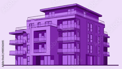 Modern purple apartment building with balconies and large windows