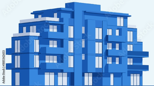 Modern blue building with white windows and balconies