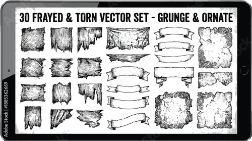 Frayed and torn vector set with grunge and ornate designs for creative projects and digital art