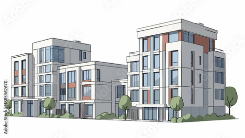 Modern apartment buildings with trees in urban setting