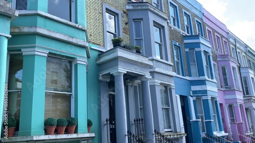 Vibrant blue and pink facades of buildings in the Notting Hill district in London