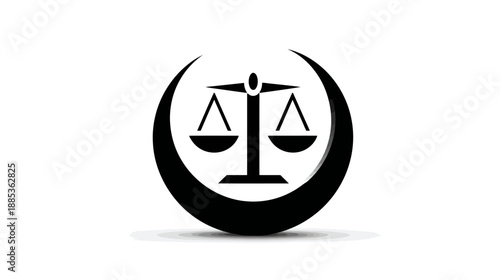 Black and white law symbol. The scales of justice inside a crescent moon