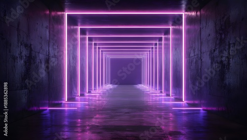Abstract futuristic neon corridor with purple glowing light frames leading into dark infinity on reflective floor creating cyber synthwave atmosphere for backdrop use