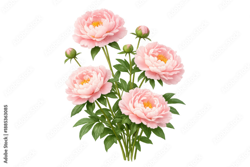 Fototapeta premium Pink peonies blooming, soft petals opening, creating a delicate floral bouquet with green leaves on transparent background