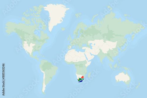 South Africa Highlighted on World Map with National Flag. South Africa Map and Flag.