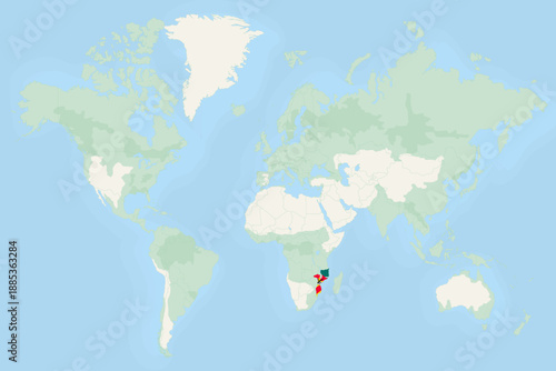 Mozambique Highlighted on World Map with National Flag. Mozambique Map and Flag.