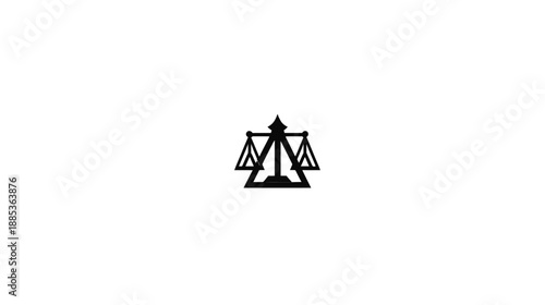 A minimalist black and white icon with a balanced scales illustration. Representing justice and law