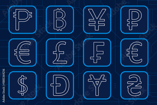 Currency set icon. Ruble, bitcoin, yen, euro, pound, franc, dollar, hryvnia, finance, economy, cryptocurrency, trading, market, exchange, global money system.