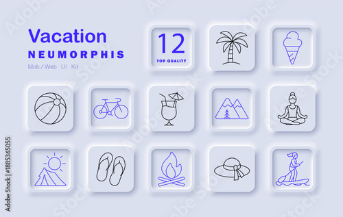 Vacation set icon. Palm, cocktail, bike, ice cream, surfboard, flip-flops, tent, yoga, beach ball, fire, hat relaxing holiday with fun, nature, sun, sea, freedom, travel, sport.