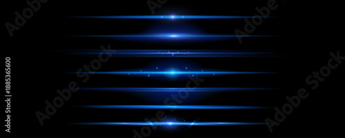 Glowing blue neon line shines horizontally on a dark background. Clean laser beam with flare and soft glow effect. Ideal for futuristic dividers, UI highlights, and digital design.