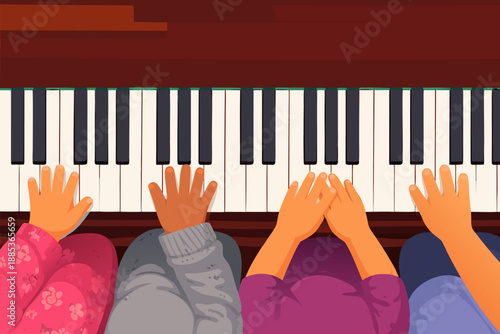 Hands of children playing piano together during a music lesson.
