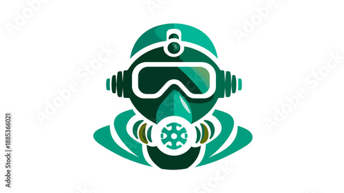 A teal and green illustration of a protective helmet with a gas mask, featuring a central design