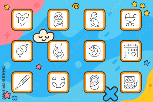 Pregnancy set icon. Mother, fetus, calendar, bottle, diaper, baby, stroller, thermometer, belly, ultrasound, gender, growth medical and family elements