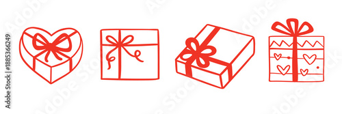 Valentines Birthday gifts box doodle line icon set