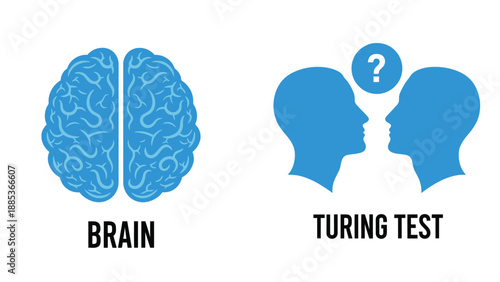 Human Brain and Turing Test Concept in Simple Flat Design with Blue Color Scheme for Artificial Intelligence Illustration
