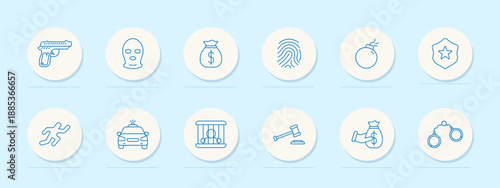 Crime set icon. Gun, mask, money, fingerprint, bomb, badge, body, siren, jail, gavel, theft, cuffs. Law, danger, police, court, arrest, violence, investigation, evidence, justice, criminal.