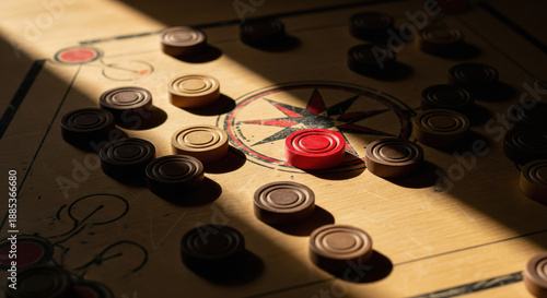 Classic Carrom Board Game with Red Queen under Sunlight