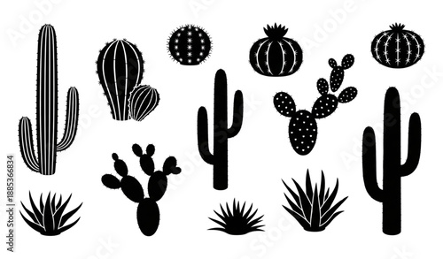 black silhouette mexican desert cactus icons minimal nature vector set,
