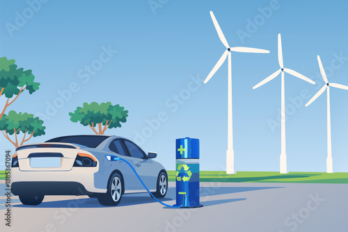 Electric car driving past a wind farm on a coastal road.