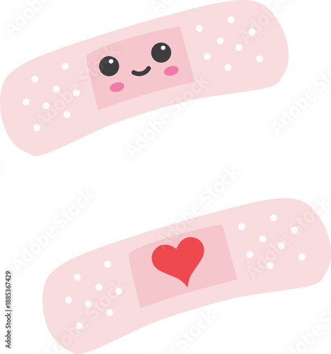 Cute adhesive plasters, bandages with kawaii face and heart symbol, isolated on white background. Adhesive medical plaster strips icon. Vector illustration