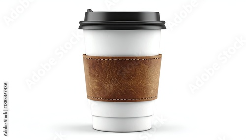 White paper coffee cup with brown sleeve and black lid on white background