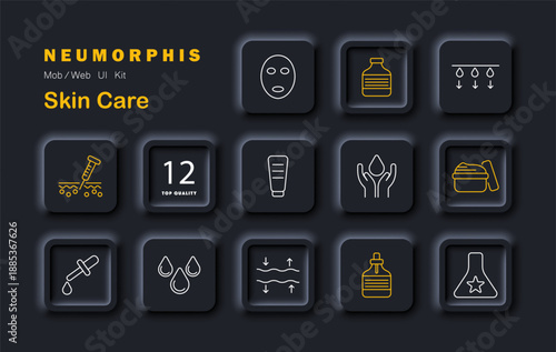 Skin care set icon. Neumorphic UI elements displaying cream containers, face mask, moisture drops, hands, dropper, textures, and skincare application tools