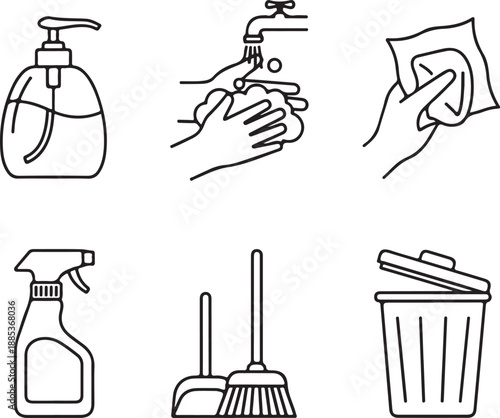 Set of black and white icons for cleaning and hygiene