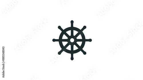Black ship's wheel graphic centered on a white background. Simple design, navigational theme
