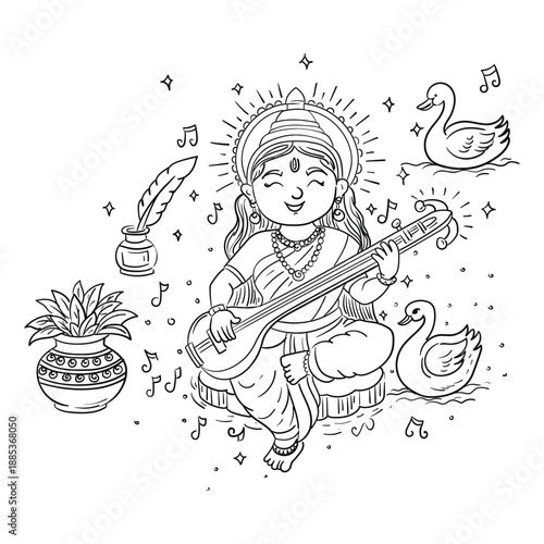 Happy Basant Panchami, Cute Goddess Saraswati Line Art for Vasant Panchami Festival