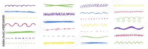 Underline chalk lines and squiggles set, hand drawn doodle sketch colorful underlines thick line border, swoosh. Textured sketchy crayon brush scribbles or wavy strokes